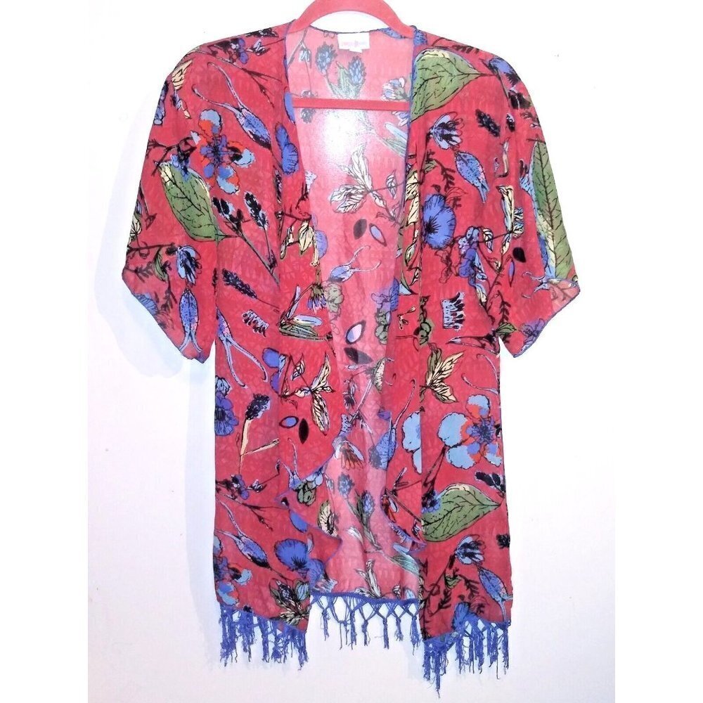 Floral duster swimsuit cover-up cascade-front open CORAL BLUE fringed Kimono